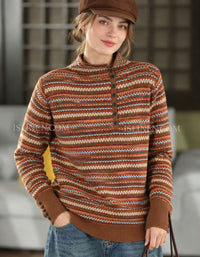 Women’s Vintage Striped Knit Sweater with Button Neck