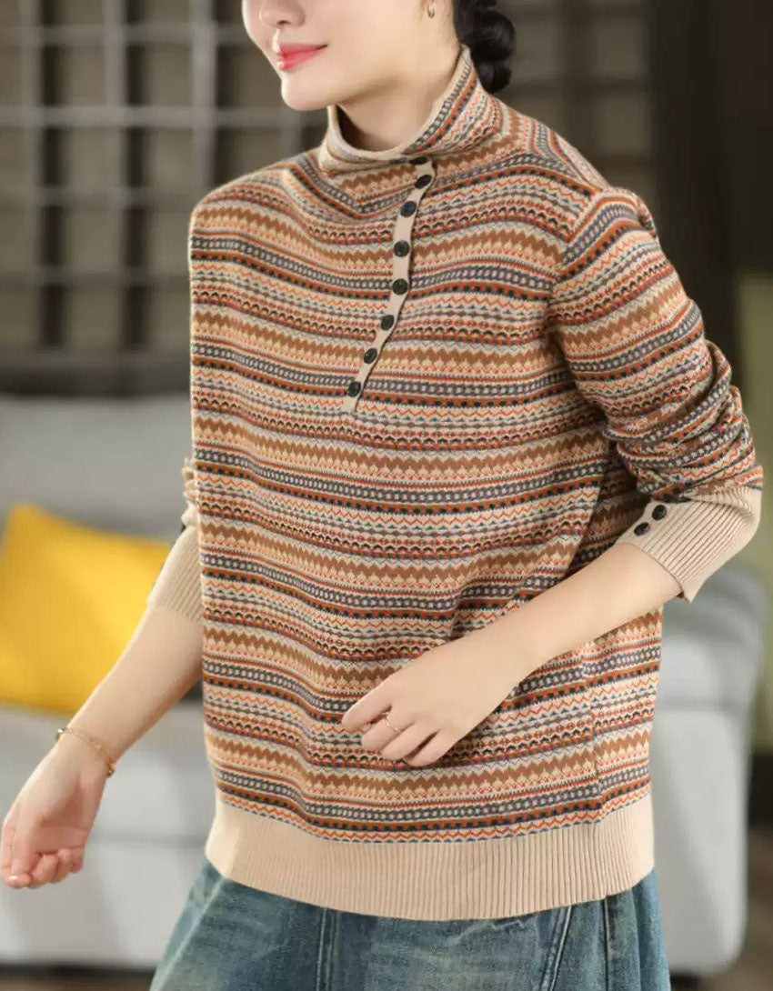 Women’s Cozy Vintage Striped Button Collar Sweater