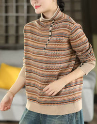 Women’s Cozy Vintage Striped Button Collar Sweater