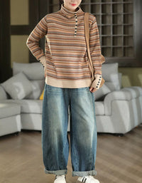 Women’s Retro Striped Button Neck Knit Sweater