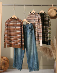 Women’s Retro Loose Striped Button Neck Knit Sweater