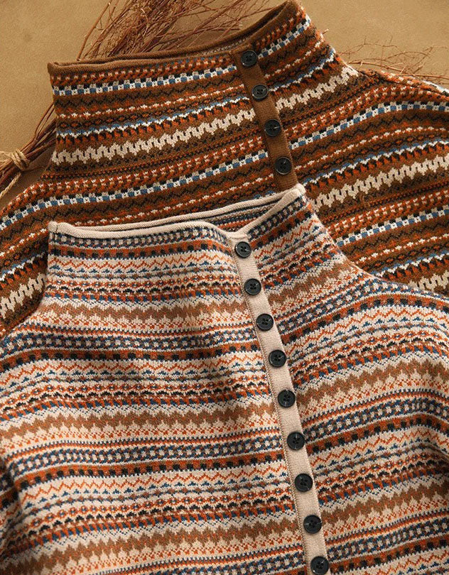 Close-Up of Women’s Cozy Vintage Striped Button Collar Sweater