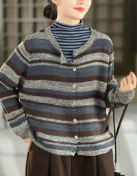 Green gray mustard striped cardigan for women