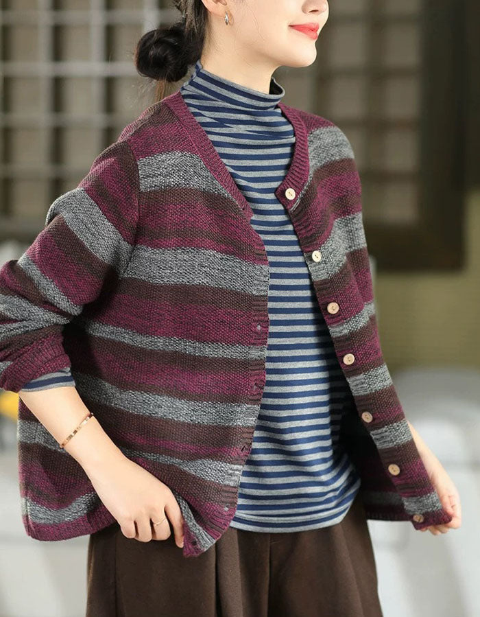 V-neck button front striped cardigan long sleeve