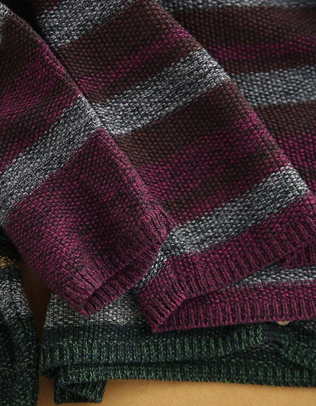 Button front V-neck women's striped knit sweater