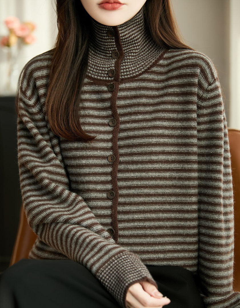 Women’s Casual Striped High Neck Button-Up Knit Sweater
