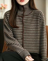 Women’s Casual Striped High Neck Button-Up Knit Sweater