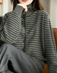 Women’s Casual Striped High Neck Button-Up Knit Sweater