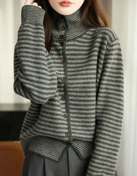Women’s Casual Striped High Neck Button-Up Knit Sweater