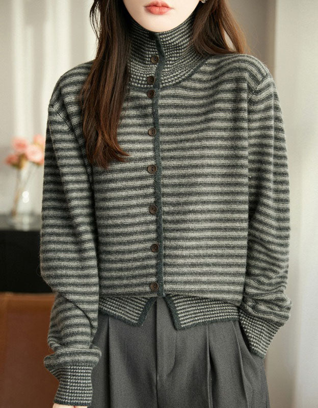 Women’s Casual Striped High Neck Button-Up Knit Sweater