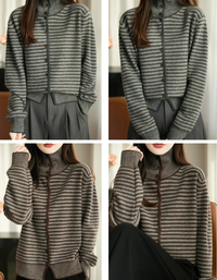 Women’s Casual Striped High Neck Button-Up Knit Sweater