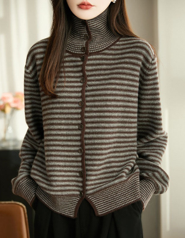 Women’s Casual Striped High Neck Button-Up Knit Sweater