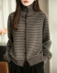 Women’s Casual Striped High Neck Button-Up Knit Sweater