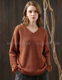 Women’s Brown V-Neck Knit Sweater with Front Pocket
