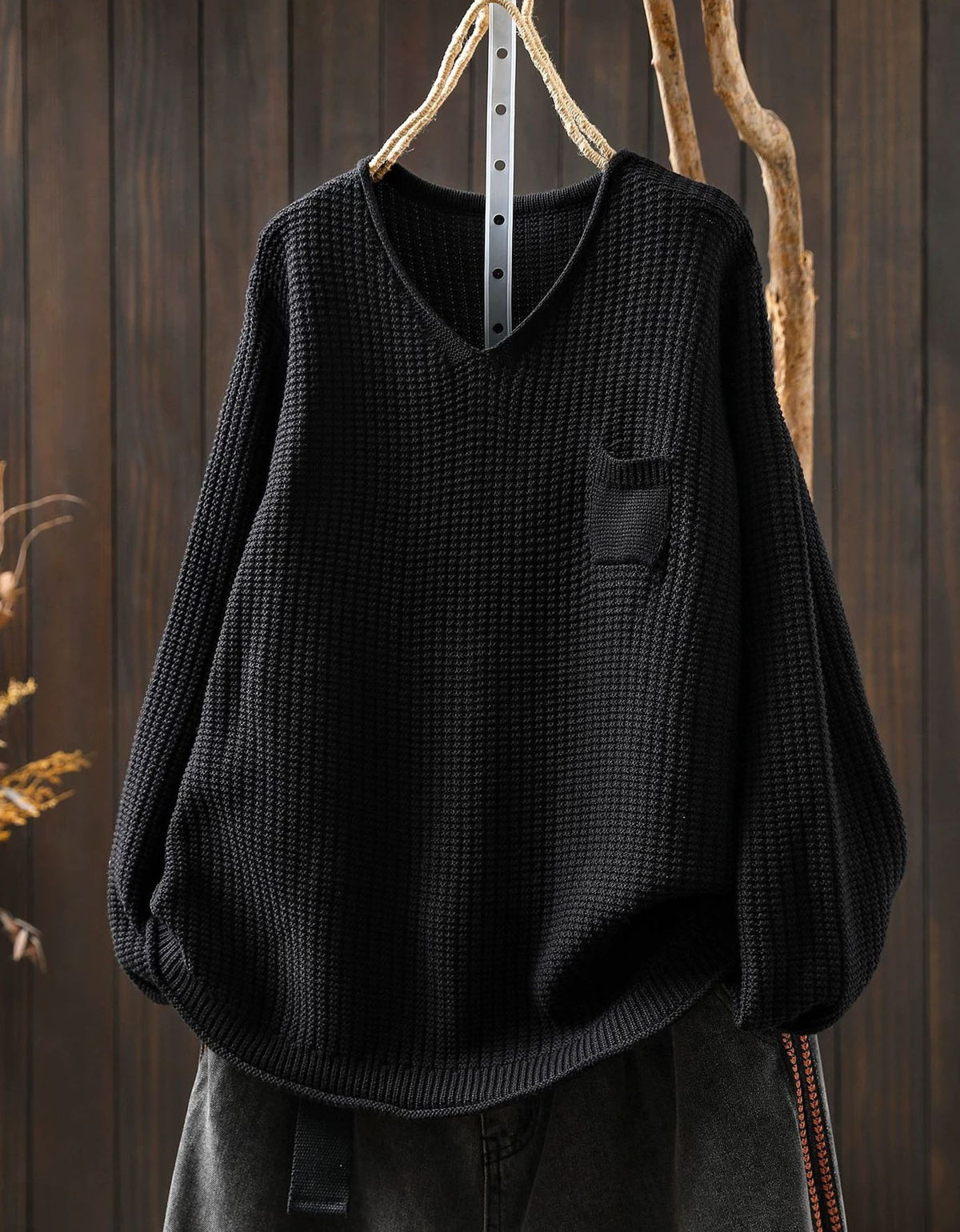 Women’s brown V-neck knit sweater with front pocket