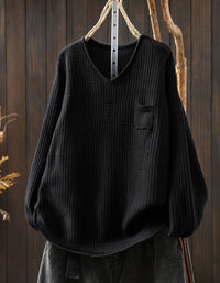 Women’s brown V-neck knit sweater with front pocket