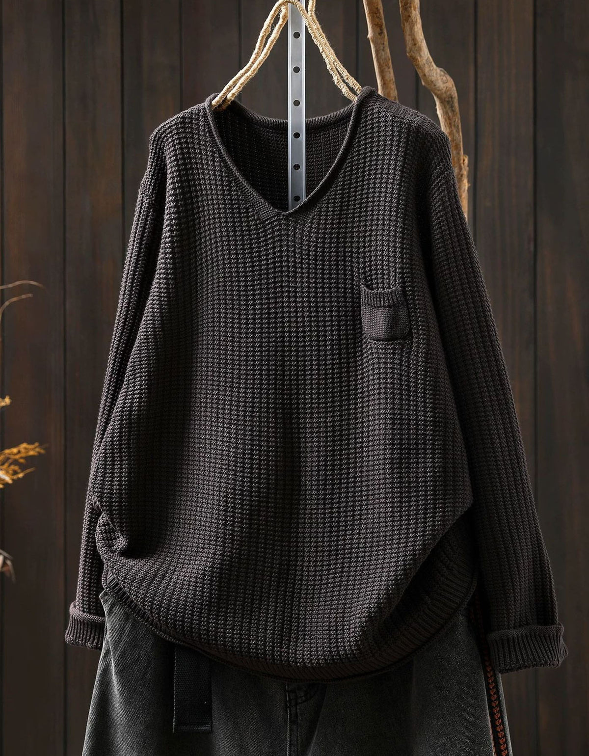 Women’s Casual Brown Textured Knit V-Neck Sweater