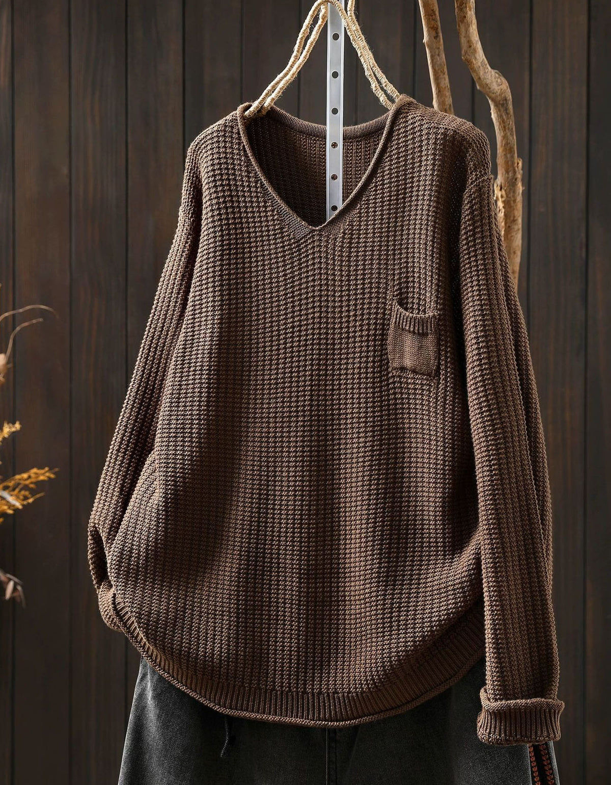 Women’s Relaxed Brown V-Neck Pullover Sweater