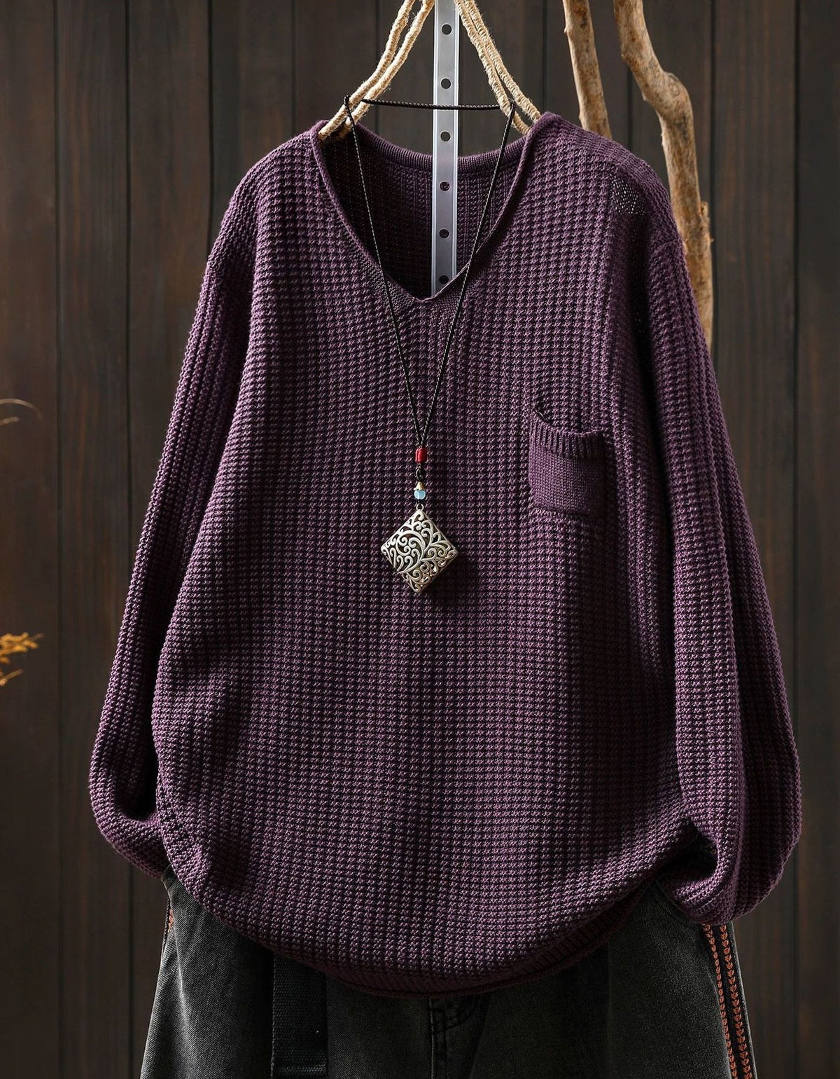 Women’s Vintage Brown Pocket V-Neck Knit Sweater