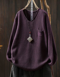 Women’s Vintage Brown Pocket V-Neck Knit Sweater