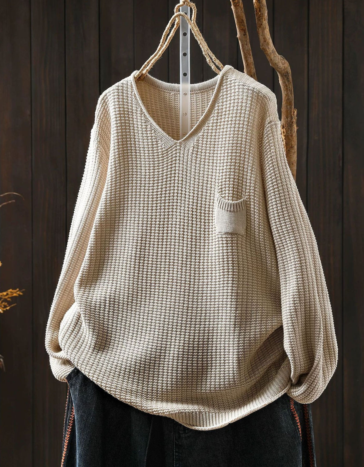 Women’s Cozy Brown V-Neck Pocket Knit Sweater
