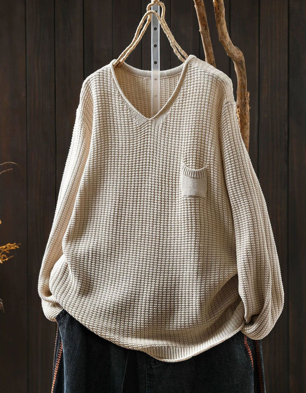 Women’s Cozy Brown V-Neck Pocket Knit Sweater