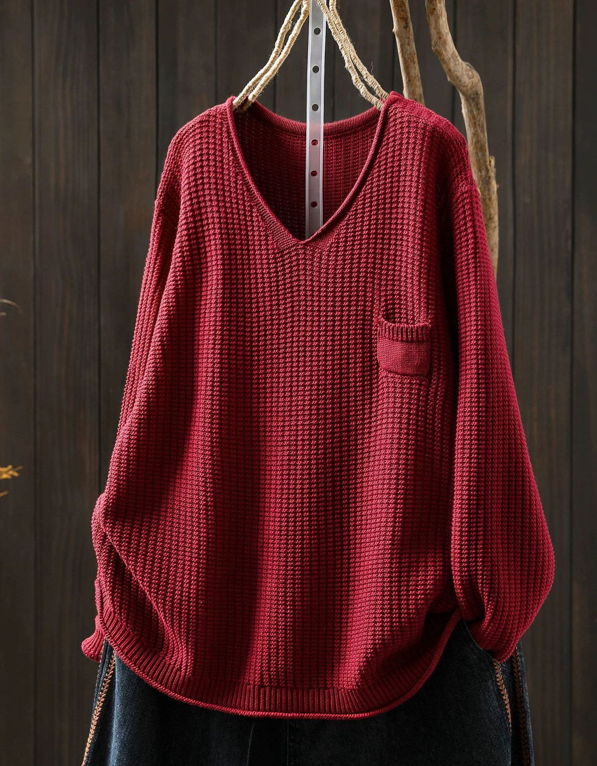 Brown V-Neck Chunky Knit Sweater for Women