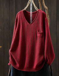 Brown V-Neck Chunky Knit Sweater for Women