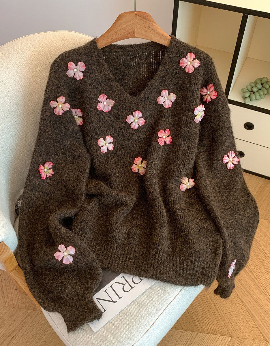 Women's Loose Casual V-Neck Floral Sweater