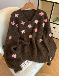 Women's Loose Casual V-Neck Floral Sweater