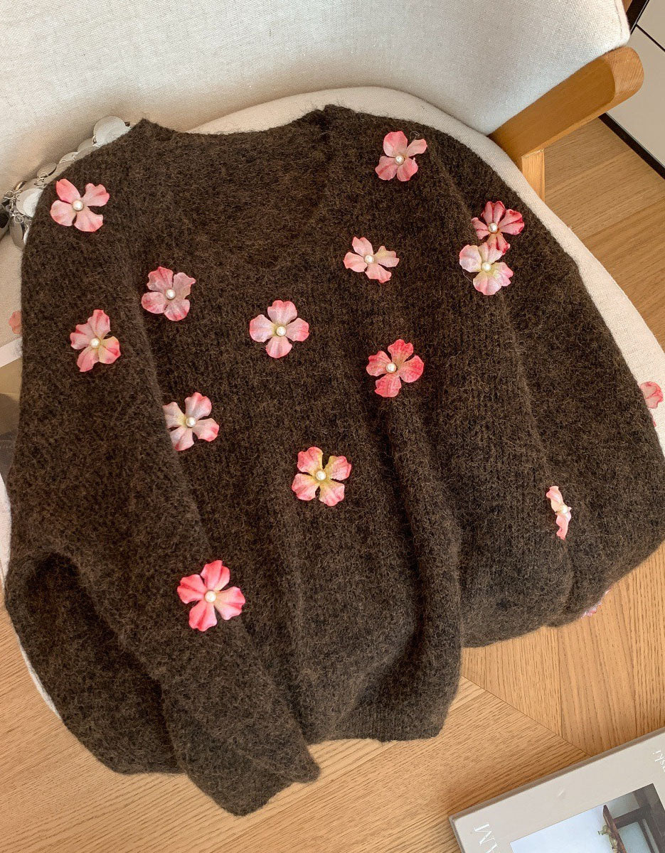 Women's Loose Casual V-Neck Floral Sweater