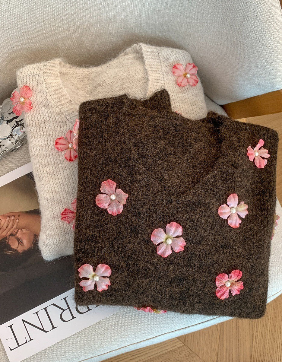 Women's Loose Casual V-Neck Floral Sweater