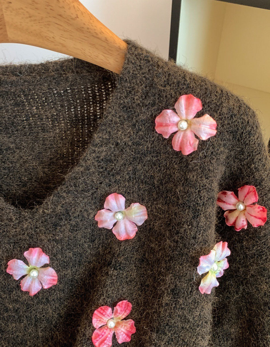 Women's Loose Casual V-Neck Floral Sweater