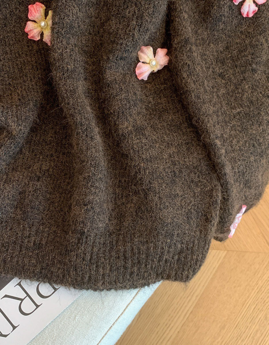 Women's Loose Casual V-Neck Floral Sweater