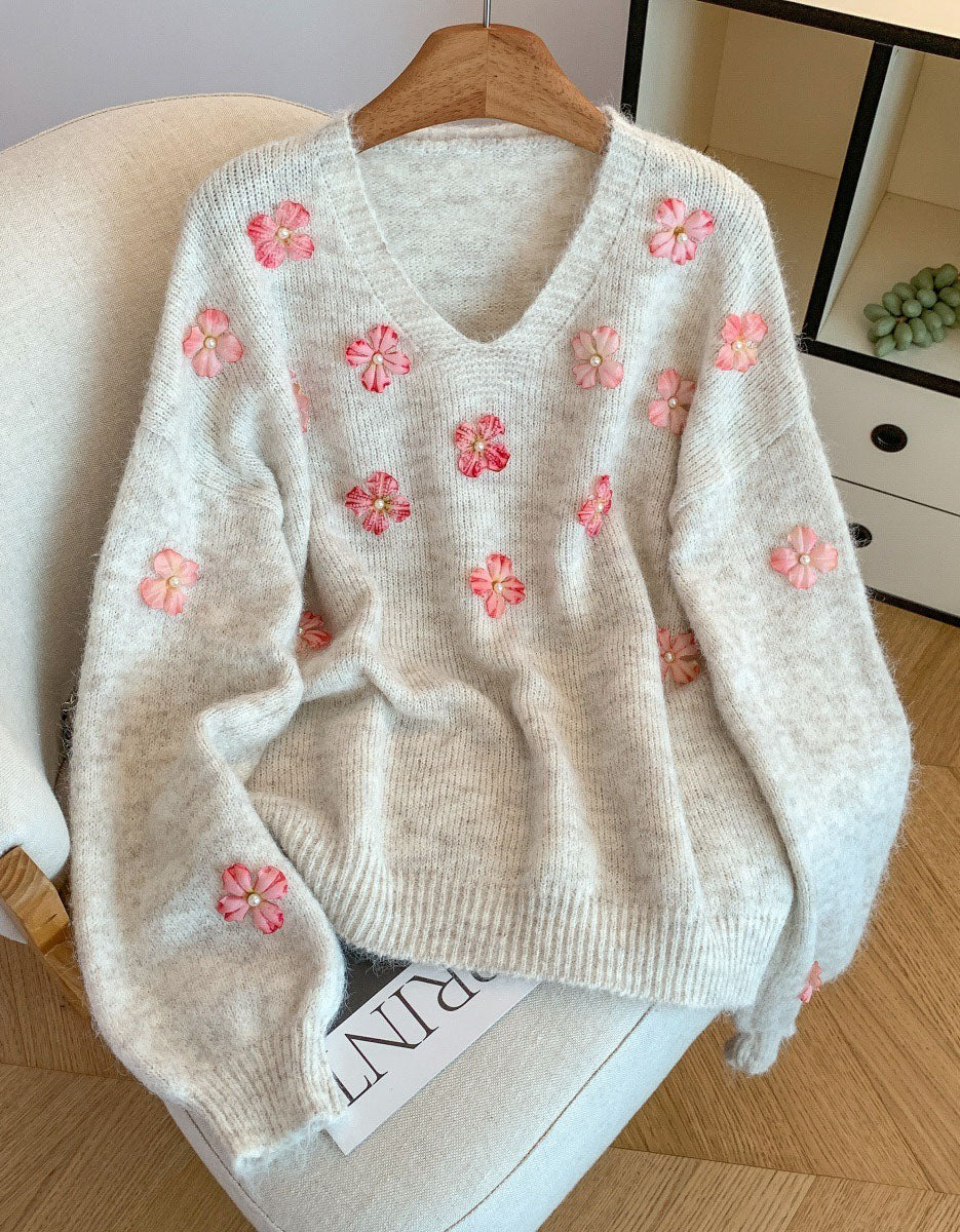 Women's Loose Casual V-Neck Floral Sweater