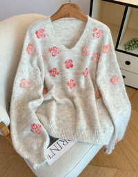 Women's Loose Casual V-Neck Floral Sweater