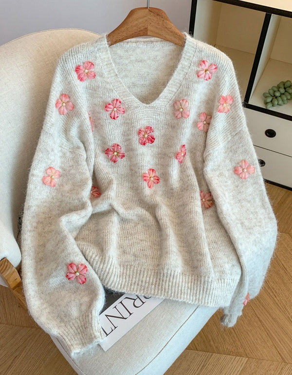 Women's Loose Casual V-Neck Floral Sweater