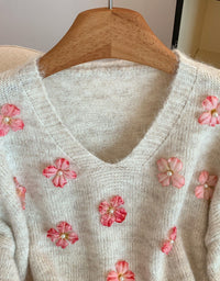 Women's Loose Casual V-Neck Floral Sweater