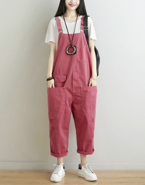 women casual cotton overalls with adjustable straps pink