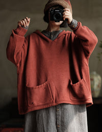 Women's Casual Vintage Rust Orange Knit Hoodie Sweater