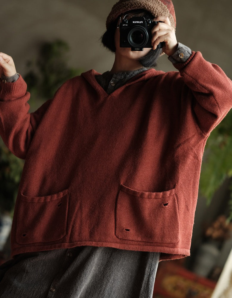 Women's Casual Vintage Rust Orange Knit Hoodie Sweater