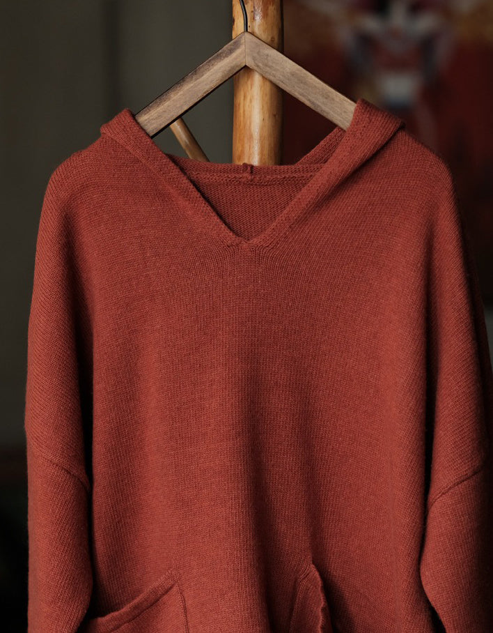 Women's Casual Vintage Rust Orange Knit Hoodie Sweater