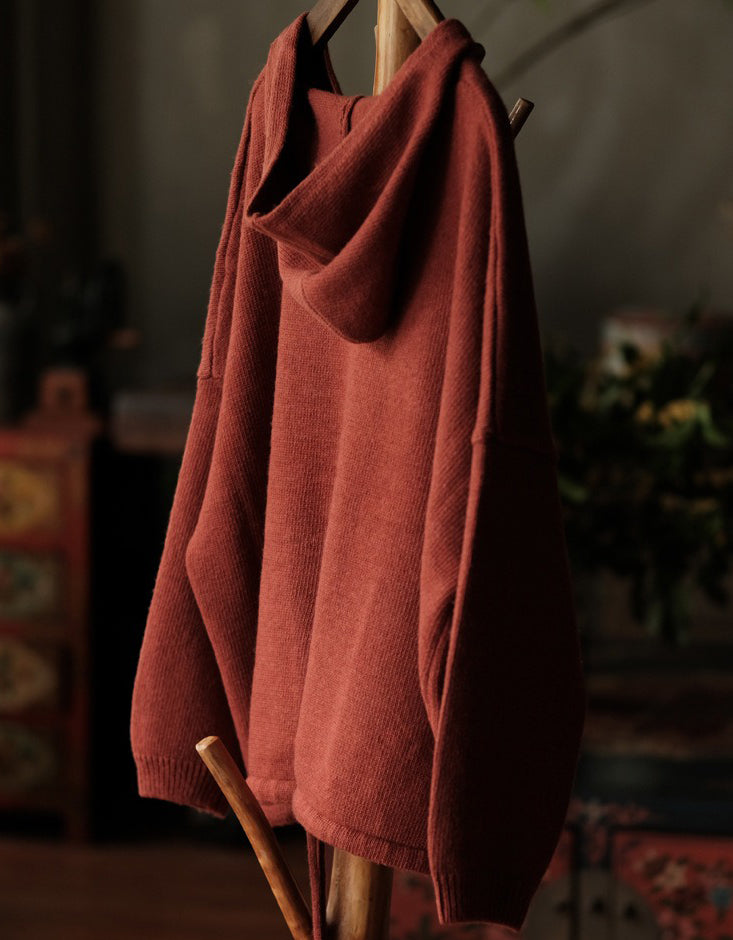 Women's Casual Vintage Rust Orange Knit Hoodie Sweater