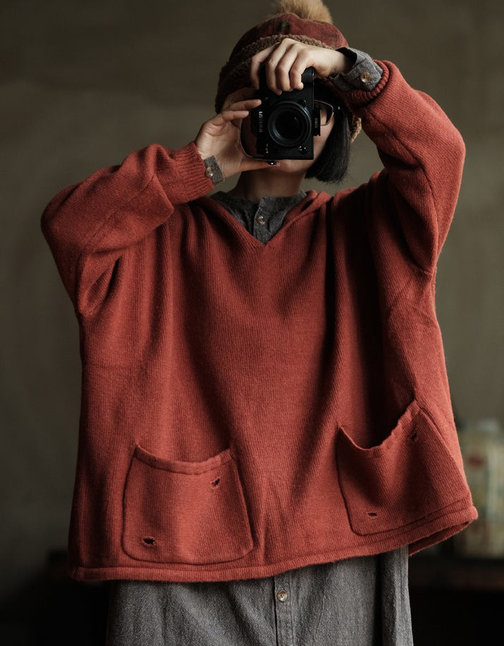 Women's Casual Vintage Rust Orange Knit Hoodie Sweater