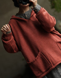 Women's Casual Vintage Rust Orange Knit Hoodie Sweater
