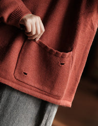 Women's Casual Vintage Rust Orange Knit Hoodie Sweater