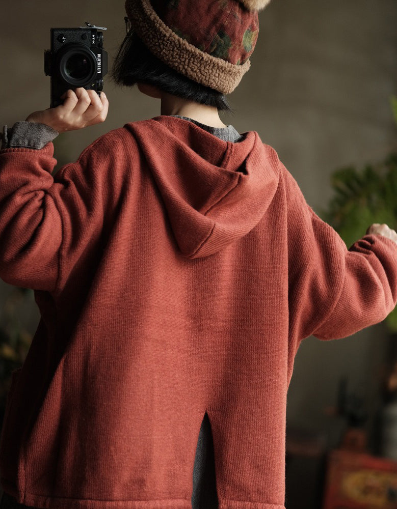 Women's Casual Vintage Rust Orange Knit Hoodie Sweater