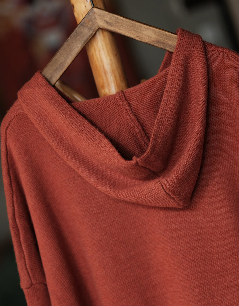 Women's Casual Vintage Rust Orange Knit Hoodie Sweater