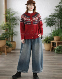 Cozy button-up sweater for women with colorful knitted design