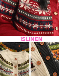 Women’s warm cardigan sweater with a vibrant multi-color pattern